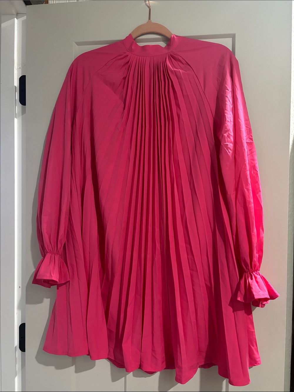 Fuchsia Pleated High-Neck Tunic Dress